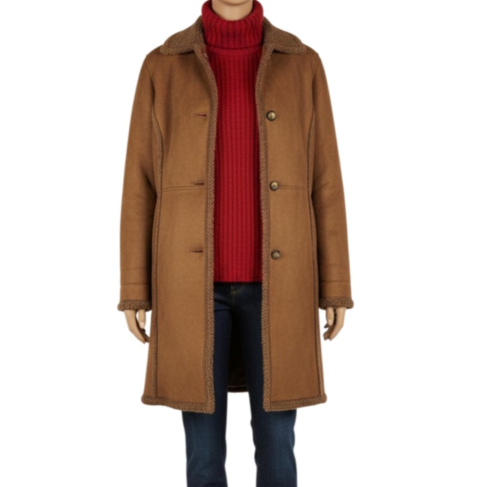 LL Bean Womens Large Brown Faux Suede Shearling Trim Long Coat  Winter Jacket